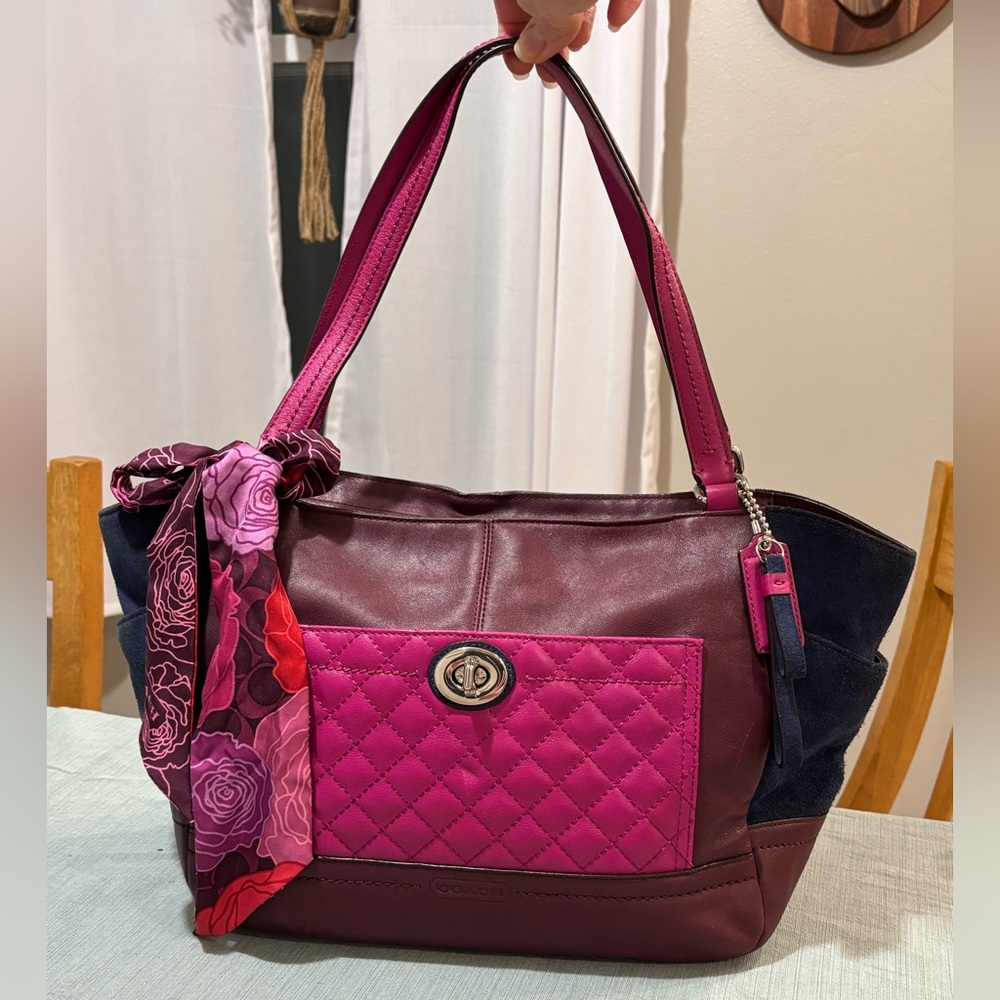 Coach Park Quilted Color Block Carrie tote handbag Pink Navy Burgundy leather
